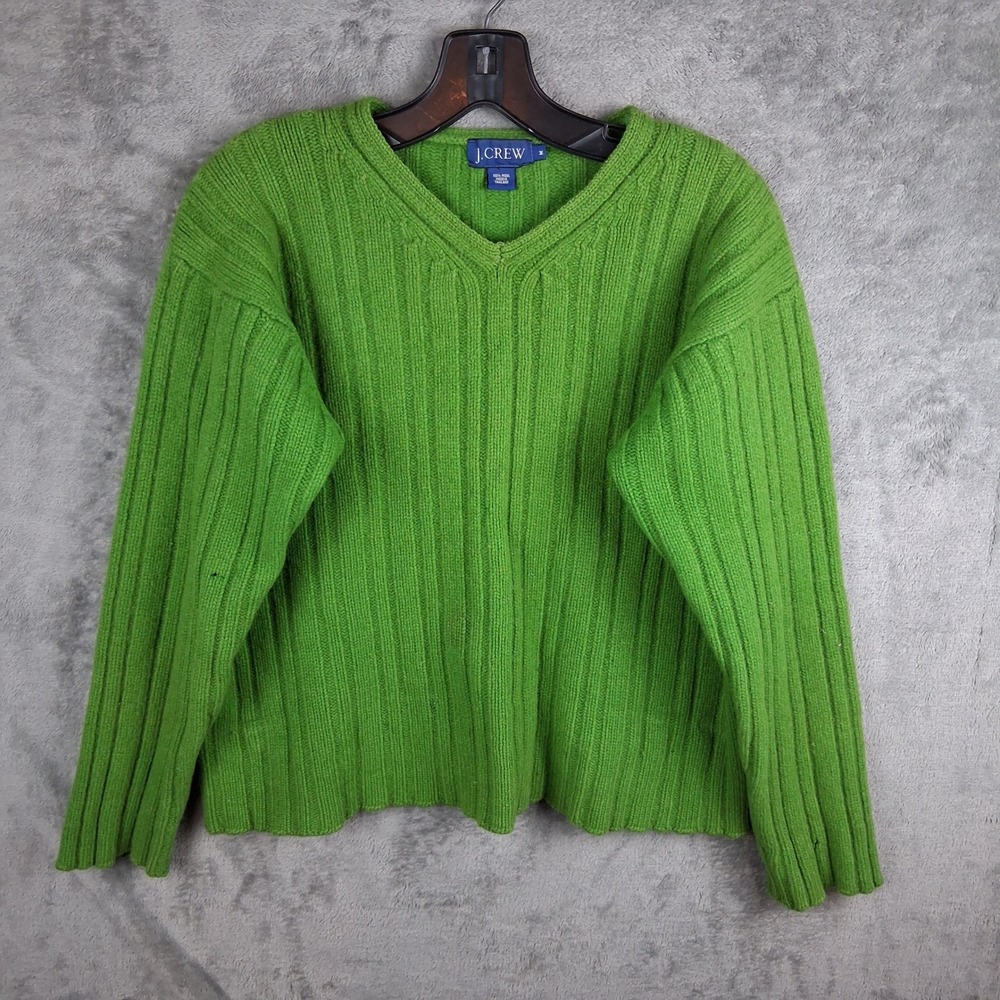 J.Crew Sweater Womens Meduim Green 100% Wool Ribbed V-Neck Pullover Cozy
